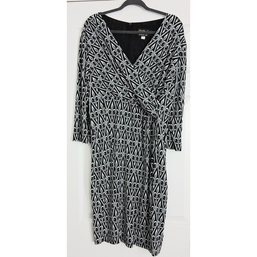 Bob Mackie Dress Women's Size XL Black Blue Belted Geometric V-Neck 3/4 Sleeve
